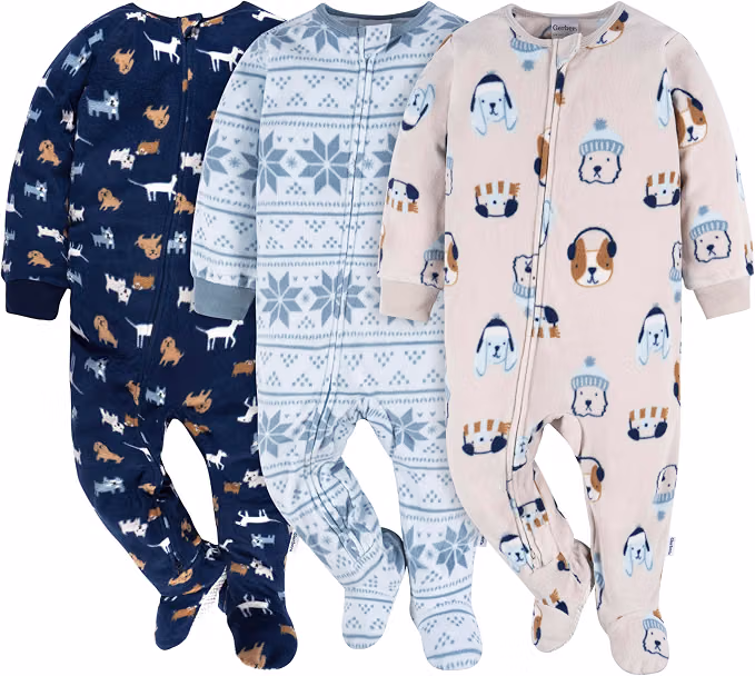 Gerber Dogs 3-pack fleece footed pajamas for babies and toddlers with playful dog prints, two-way zippers, and non-skid soles Gerber Dogs 3-pack fleece footed pajamas for babies and toddlers with playful dog prints, two-way zippers, and non-skid soles