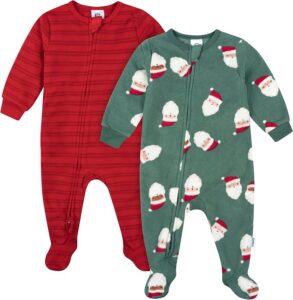 Gerber Santas 2-pack fleece footed pajamas for babies and toddlers with festive Santa prints, long sleeves, and two-way zippers Gerber Santas 2-pack fleece footed pajamas for babies and toddlers with festive Santa prints, long sleeves, and two-way zippers