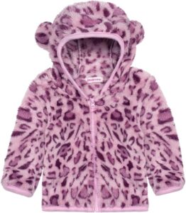 JESKIDS toddler girl pink leopard print fleece jacket with teddy bear ear hood, zipper closure, and elastic cuffs
