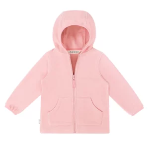 Jan & Jul Kids Fleece Jacket in Dusty Pink with a full-length zipper, spacious hood, and kangaroo pockets