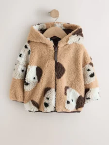 NEXT Neutral Dog hooded zip-through toddler fleece jacket with a playful dog print, full-zip front, and contrasting gingham-lined hood