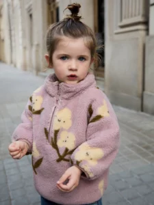 NEXT mauve purple toddler half-zip fleece with soft teddy fleece fabric, side pockets, and playful floral-style chest details