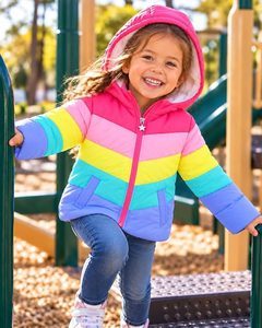 OshKosh B'Gosh toddler girls' rainbow chevron colorblocked heavyweight puffer jacket with fleece lining, a hood, and two front pockets