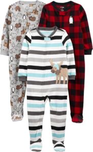 Simple Joys by Carter's 3-pack fleece footed pajamas for toddler boys in buffalo check, polar bear, and stripe designs with full-length zippers Simple Joys by Carter's 3-pack fleece footed pajamas for toddler boys in buffalo check, polar bear, and stripe designs with full-length zippers