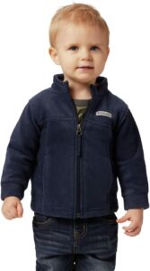 Columbia Youth Steens Mountain fleece jacket in Collegiate Navy with a full-zip front, stand collar, and zippered hand pockets