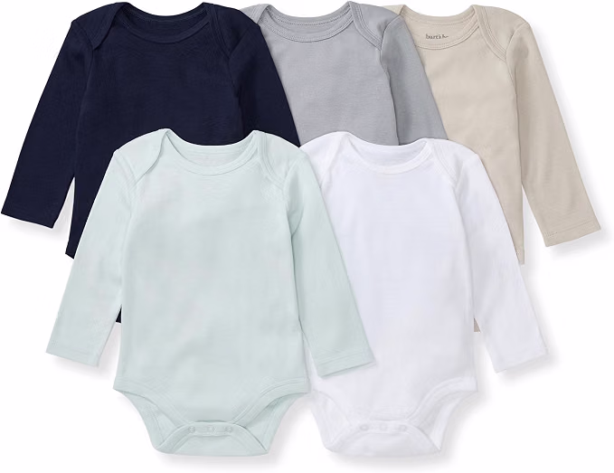 Burt’s Bees Baby 5-pack of organic cotton bodysuits with expandable lap shoulders and reinforced diaper snaps