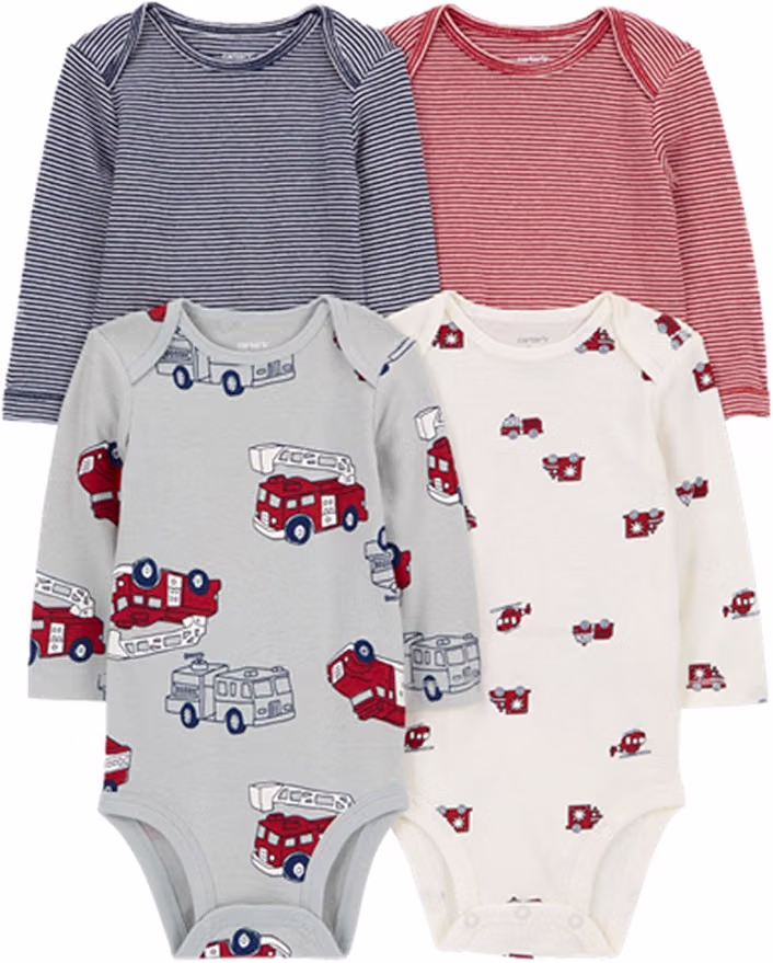 Carter’s 4-pack long-sleeve cotton bodysuits for infants with fun prints including a firetruck design