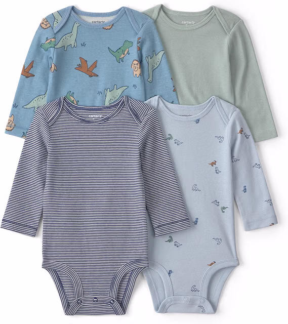 Carter’s four-pack of 100% cotton long-sleeve baby bodysuits with lap shoulders, bottom snaps, and fold-over mitts