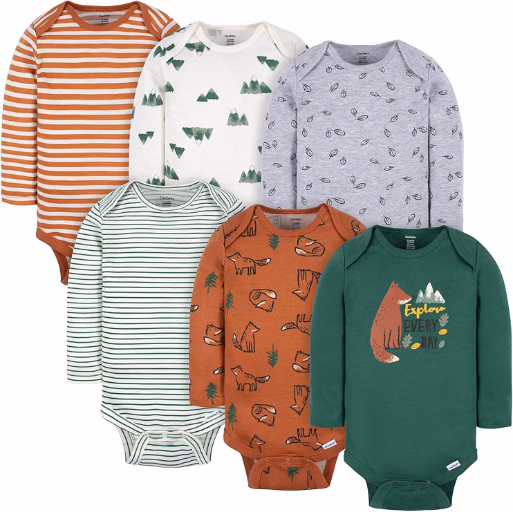 Gerber six-pack of long-sleeve baby bodysuits made from breathable cotton rib with convenient bottom snaps