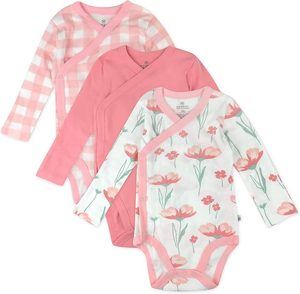 HonestBaby three-pack of long-sleeve organic cotton kimono bodysuits with side-snap closures