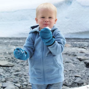 Jan & Jul Kids Fleece Jacket in Stormy Blue with a hood, full-length zipper, and front kangaroo pockets