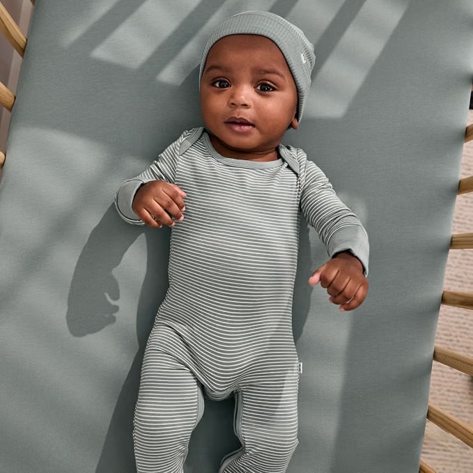 Little Sleepies newborn Crescent Moon sleeper in soft ribbed bamboo fabric with fold-over mittens and feet