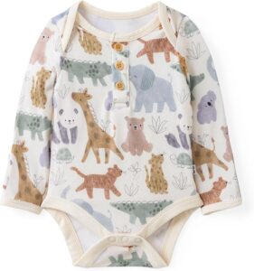 Little Sleepies newborn Henley bodysuit made from soft bamboo fabric with fold-over mittens, three front buttons, and bottom snaps