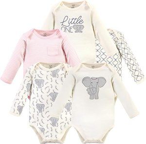 Touched by Nature unisex baby long-sleeve organic cotton bodysuits featuring elephant designs in a multipack