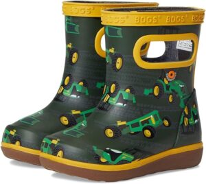 Green multi toddler rain boots with waterproof rubber, flexible outsole, and easy-on handles