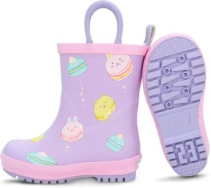 Kids rubber rain boots with colorful macaron print, waterproof natural rubber design with handles for easy pull-on
