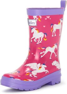 Pink kids rain boots with colorful rainbow unicorn print, waterproof rubber design and slip-resistant soles