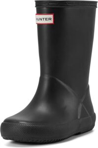 Toddler wearing bright yellow waterproof rain boots standing in a puddle during outdoor play