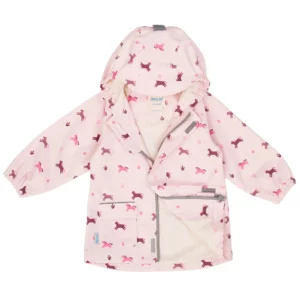 Jan & Jul Kids Shell Jacket in Pink Ponies print, featuring a hood, waterproof design, and lightweight construction for rainy days