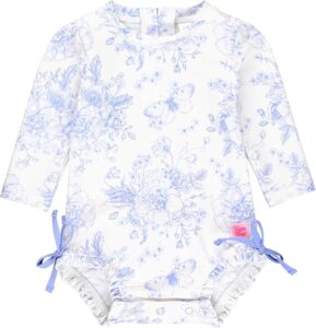 Baby girl long sleeve periwinkle butterfly garden rashguard swimsuit with floral print, ruffle back, UPF 50+ sun protection, and snap zipper closure for beach and pool wear Baby girl long sleeve periwinkle butterfly garden rashguard swimsuit with floral print, ruffle back, UPF 50+ sun protection, and snap zipper closure for beach and pool wear