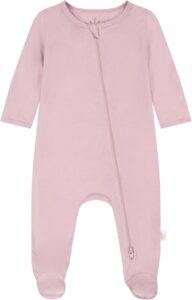 Baby wearing a UPF 50+ bamboo sun protection romper with long sleeves, fold-over mittens, and full-body coverage for outdoor play and beach days