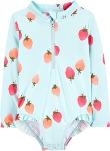 Baby wearing a colorful long sleeve Simple Joys by Carter’s 1-piece rashguard swimsuit with UPF 50+ sun protection for beach and pool play Baby wearing a colorful long sleeve Simple Joys by Carter’s 1-piece rashguard swimsuit with UPF 50+ sun protection for beach and pool play