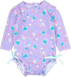 RuffleButts baby girls long-sleeve one-piece swimsuit with UPF 50+ sun protection, ruffle details, and a zipper closure