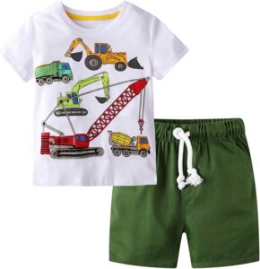 Toddler boy wearing a BIBNice construction-themed summer outfit with forklift graphic t-shirt and matching shorts