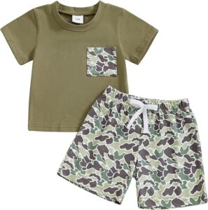 Toddler boy wearing a camouflage pocket t-shirt with matching camo shorts summer outfit set