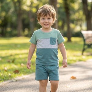 Toddler boy wearing a light green KAFIREN summer outfit set with matching shorts