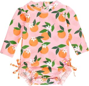Toddler girl long sleeve orange rashguard one-piece swimsuit with ruffle back, UPF 50+ sun protection, and zip front for beach and pool wear Toddler girl long sleeve orange rashguard one-piece swimsuit with ruffle back, UPF 50+ sun protection, and zip front for beach and pool wear