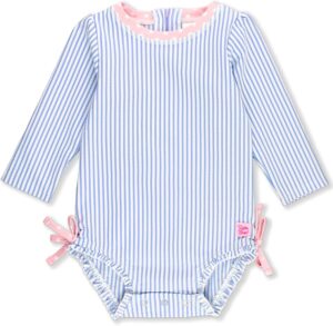 Toddler girl periwinkle blue seersucker rashguard one-piece swimsuit with ruffle details, UPF 50+ sun protection, and snap closure for beach and pool wear Toddler girl periwinkle blue seersucker rashguard one-piece swimsuit with ruffle details, UPF 50+ sun protection, and snap closure for beach and pool wear
