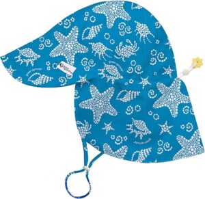 Toddler wearing a lightweight UPF 50+ sun hat with neck flap for full sun protection during outdoor play