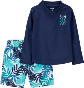 Boys swim trunks and rashguard set with UPF 50 sun protection, quick-dry fabric, and comfortable tagless design for beach and pool days