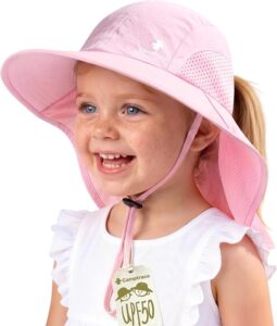 Camptrace toddler sun hat with a wide brim, UPF 50+ sun protection, extra neck coverage, mesh side vents, and an adjustable chin strap