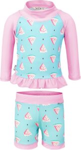 Child wearing the Jan & Jul Watermelon two-piece UV rashguard set with long sleeves and UPF 50+ sun protection for beach and pool days Child wearing the Jan & Jul Watermelon two-piece UV rashguard set with long sleeves and UPF 50+ sun protection for beach and pool days