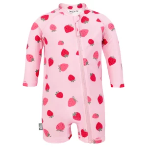 Jan & Jul Pink Strawberry one-piece UV sun suit for kids with an adorable strawberry print and long-sleeve design for sun protection