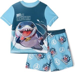 Marvel Rivals little boys rash guard swim set with matching swim trunks featuring popular Marvel superheroes and UPF sun protection for beach and pool days