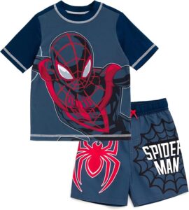 Spider-Man Miles Morales boys swim set with rash guard and swim trunks, featuring UPF 50 sun protection and quick-dry fabric for beach and pool days