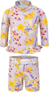 Toddler girl wearing the Jan & Jul Tropical Bloom long-sleeve one-piece UV sunsuit with UPF 50+ sun protection for beach and pool days Toddler girl wearing the Jan & Jul Tropical Bloom long-sleeve one-piece UV sunsuit with UPF 50+ sun protection for beach and pool days