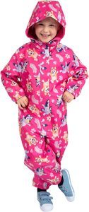 Pink Bluey and Bingo fleece-lined raincoat for girls with a colorful all-over print