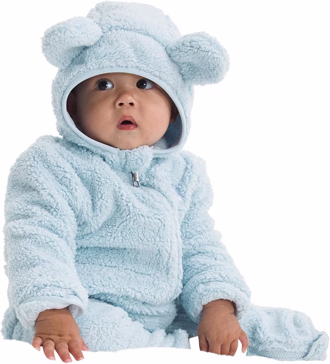 The North Face Baby Campshire One-Piece in Polar Haze fleece with bear-ear hood, built-in booties, and fold-over mittens