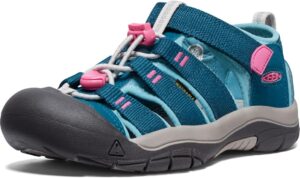 Close-up of KEEN Newport H2 kids water sandals with washable webbing, closed-toe protection, and grippy sole for wet and outdoor conditions