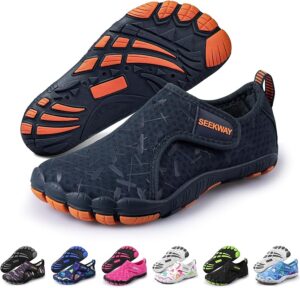 SEEKWAY barefoot water shoes for kids with breathable mesh upper, wide toe box, and quick-drain sole for beach, pool, and water park adventures