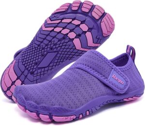 Racqua kids quick-dry water shoes with breathable stretch fabric, drainage holes, and anti-slip sole for beach, pool, and splash pad activities