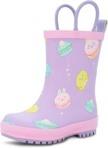 Macroons toddler rain boots with waterproof natural rubber, cotton lining, and easy-on handles