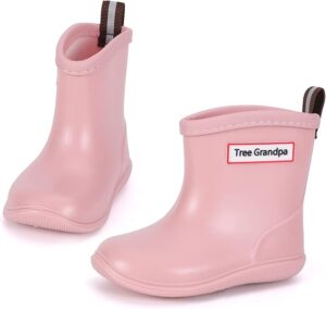 Pink toddler rain boots with waterproof PVC, flexible outsole, and non-slip sole