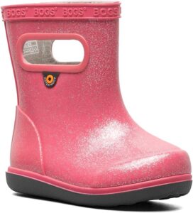 Pink toddler rain boots with waterproof rubber and pull-on handles