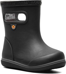 black multi toddler rain boots with waterproof rubber, flexible outsole, and easy-on handles