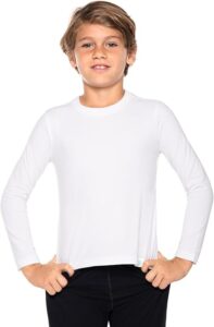 Child wearing UPF 50+ long sleeve sun shirt outdoors for sun protection on a warm sunny day Child wearing UPF 50+ long sleeve sun shirt outdoors for sun protection on a warm sunny day